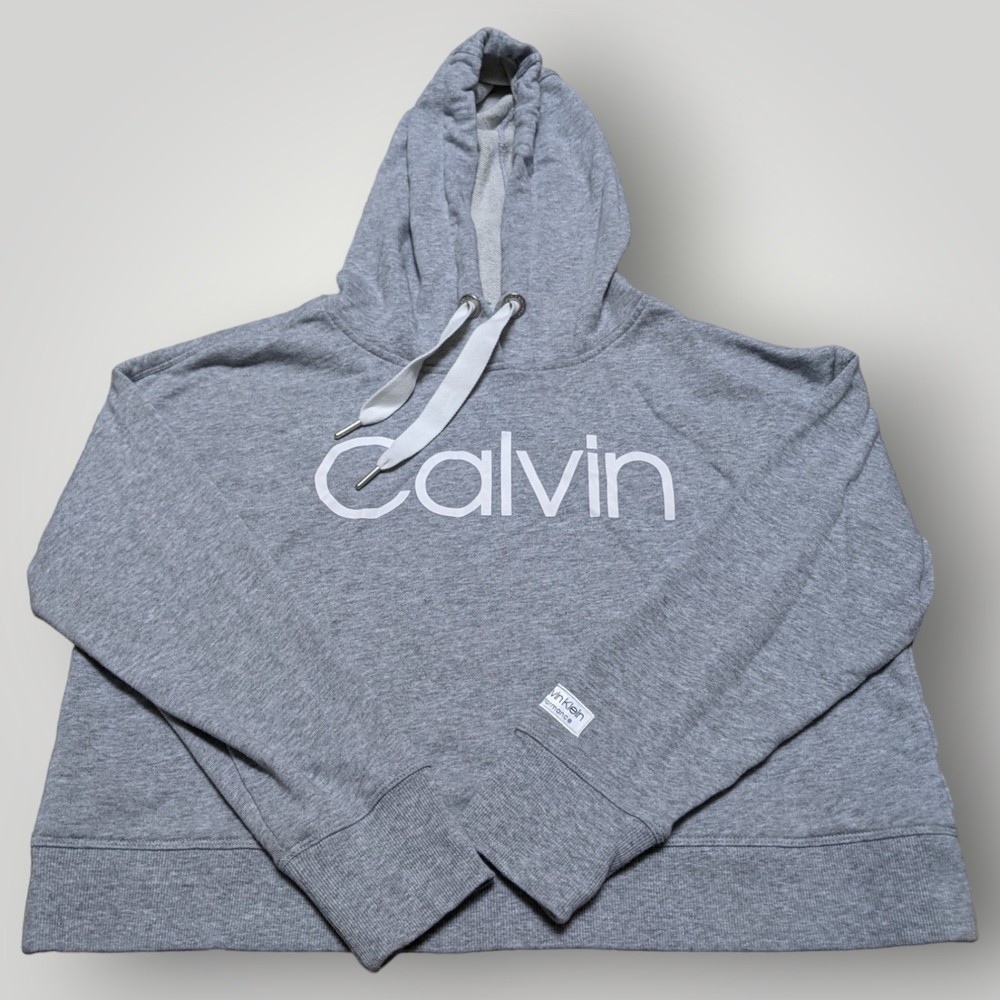 CALVIN KLEIN Cropped Hooded Sweatshirt Women's Size M Heather Grey Hoodie